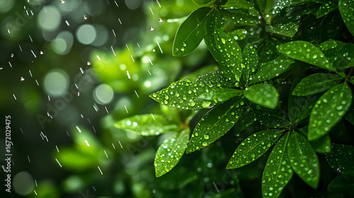 Green leaves covered in raindrops. Fresh and vibrant nature scene.