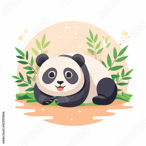 Happy panda bear resting amidst lush bamboo foliage.