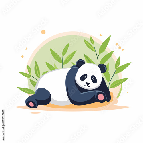 Relaxed giant panda resting amidst lush bamboo foliage.
