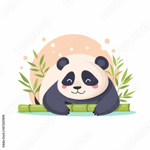 A cute and happy cartoon panda bear rests peacefully on a green bamboo stalk.