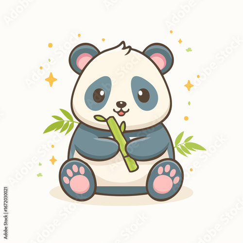 Adorable cartoon panda sitting and happily munching on bamboo, surrounded by stars.