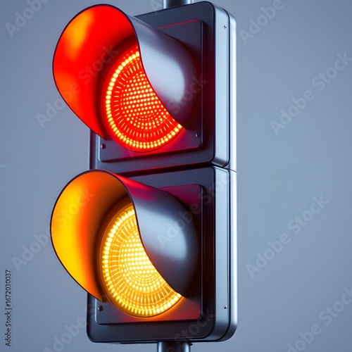 Close up of a traffic light with red and yellow lights illuminated against a grey background red light