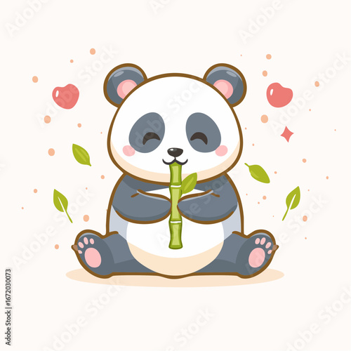 Adorable cartoon panda happily seated, eating bamboo, surrounded by hearts and leaves.