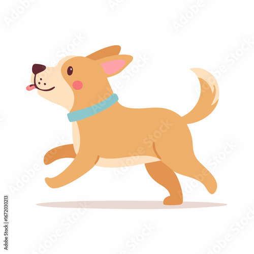 A cheerful, cartoon-style illustration of a light brown dog with floppy ears and a blue collar, happily running with its tongue out.