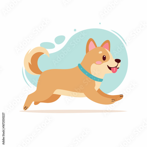 A happy, cartoon Shiba Inu dog with a wagging tail joyfully running with its tongue out.