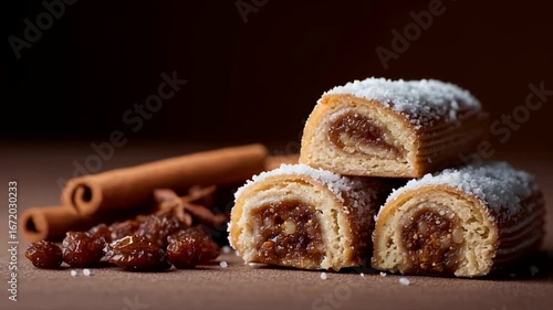 Wallpaper Mural Three sugar-dusted pastry rolls filled with spiced fruit filling, evoking warmth and coziness, perfect for a festive holiday treat, brown tones enhance the rustic vibe Torontodigital.ca