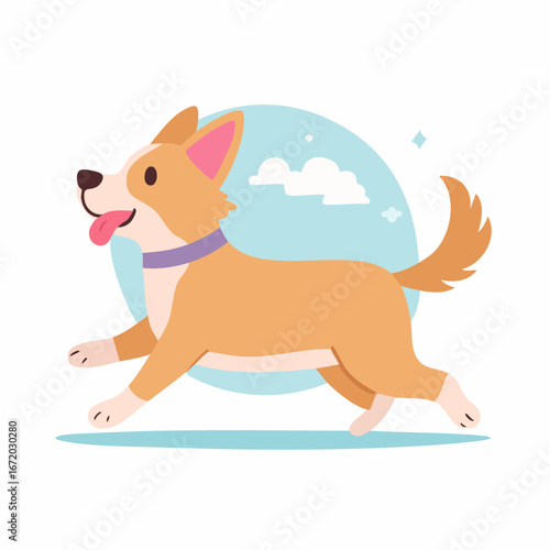Cheerful cartoon dog with floppy ears and wagging tail running happily with its tongue out.