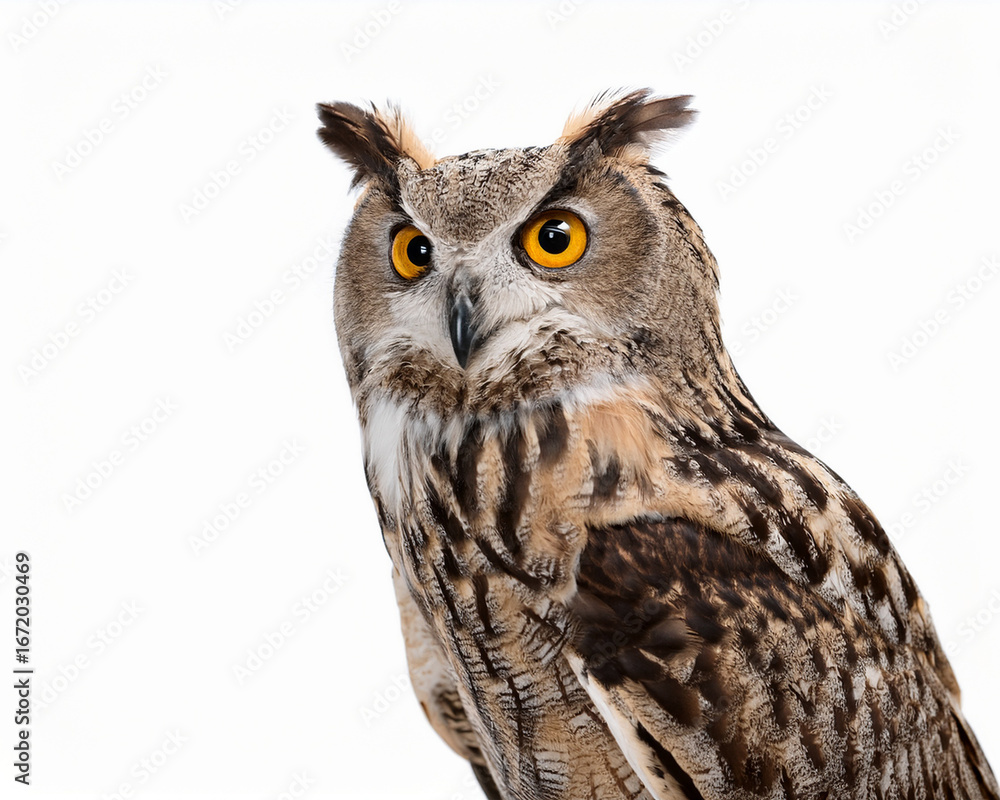 Obraz premium Eurasian Eagle Owl Close Up Portrait on White Background, Wild Bird with Intense Orange Eyes