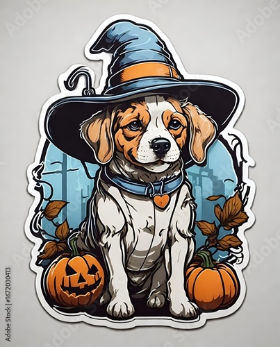 Adorable Beagle Puppy in Witch Hat for Halloween.