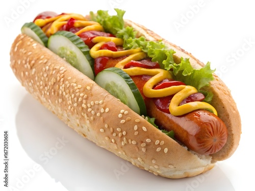 Delicious hot dog with ketchup mustard lettuce and cucumber on sesame seed bun sausage sesame seeds