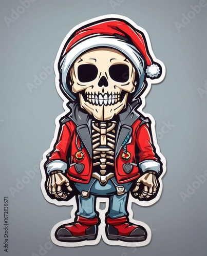 Christmas Skeleton Character Wearing Santa Hat and Festive Jacket.