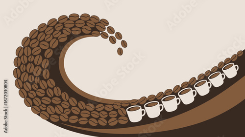 Coffee bean wave with coffee cups on a brown stripe against a light beige background illustration