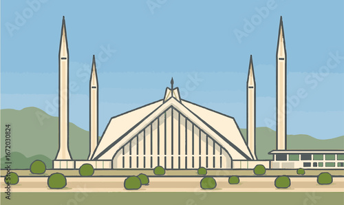 Minimalist Vector Illustration of Faisal Mosque in Islamabad, Pakistan, vector, mosque, islamabad, shah faisal,