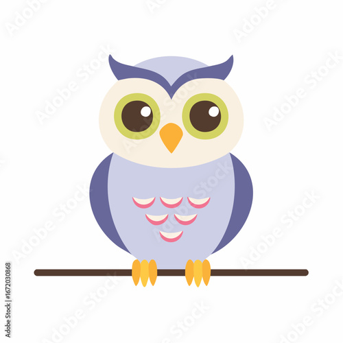 A stylized illustration of a cute cartoon owl perched on a simple brown branch.