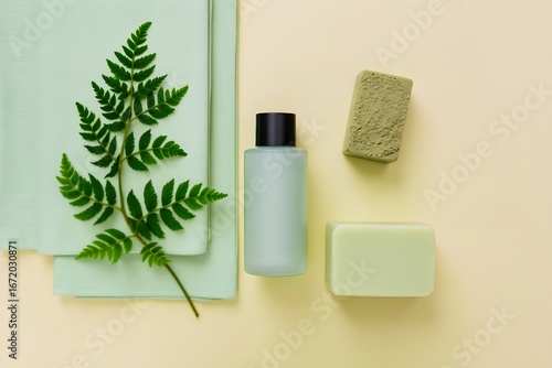 Flat lay of green skincare products and fern leaf on pale yellow background beauty natural