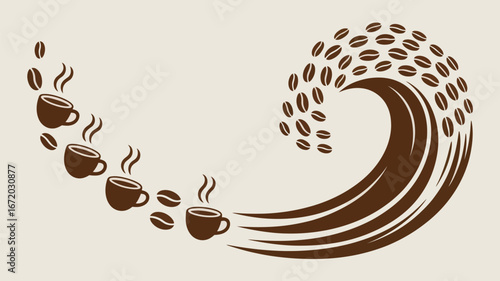 Stylized coffee wave with beans and cups on a beige background with brown accents and steam rising