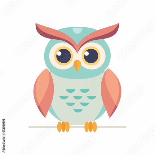 A charming illustration of a cartoon owl perched on a branch, looking forward.