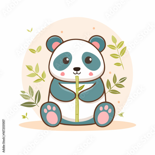 A cute, cartoon panda bear sitting and holding a bamboo stalk, surrounded by leaves.