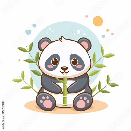 Adorable cartoon panda bear holding bamboo, surrounded by leaves, against a soft background.