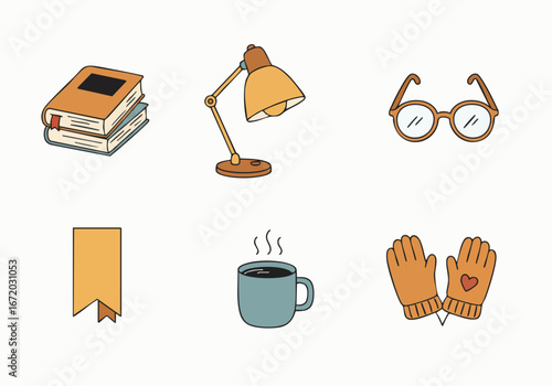 Cozy Study Essentials: Books, Desk Lamp, Glasses, and Warm Drinks for a Relaxing Winter Reading Session.