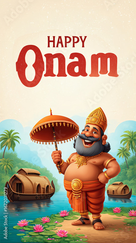 Happy Onam Poster, King Mahabali, the harvest festival of Kerala, India, Onam festival design elements.