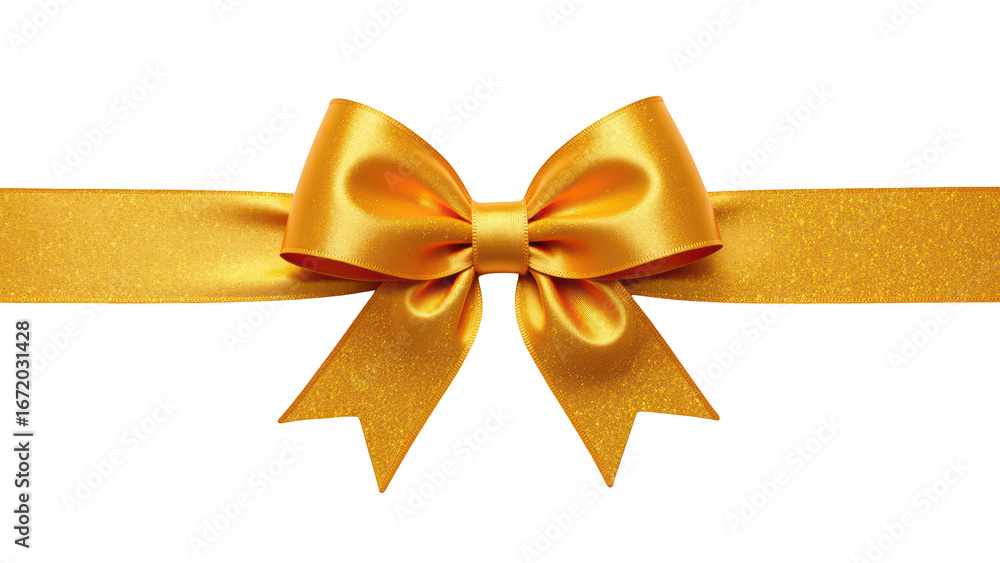 Fototapeta premium Vibrant golden ribbon bow with shiny texture, perfect for gift wrapping or decoration, adds festive touch to any occasion