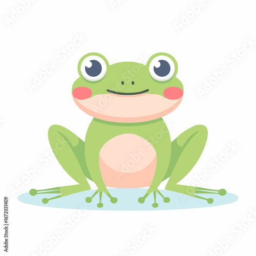 A cartoon illustration of a bright green frog with pink cheeks sitting on a light blue surface.