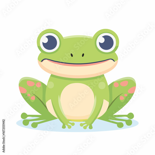 A cartoon illustration of a bright green frog sitting with its legs spread, displaying a light yellow belly and pink spots on its arms.