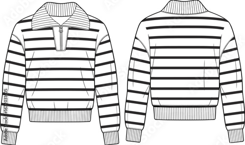 Technical vector fashion illustration of striped quarter zip pullover top with long sleeves, ribbed cuffs waistband, front back garment views