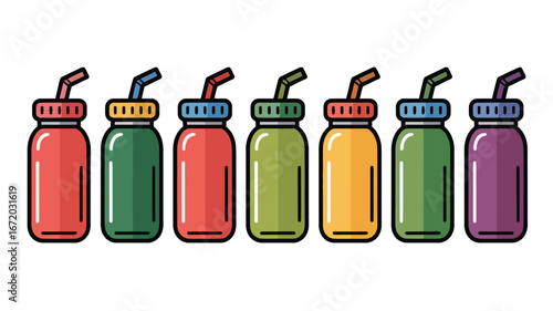 A row of seven colorful juice bottles with straws and lids in red green yellow and purple tones isolated