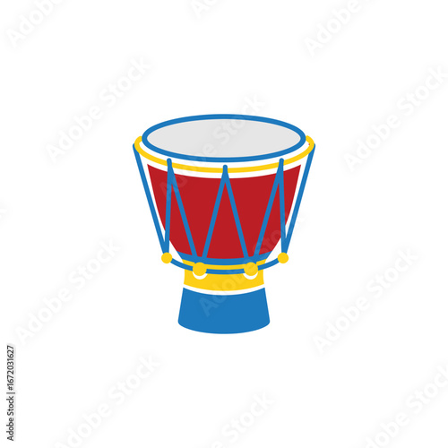 Wooden djembe drum with a leather head, a musical percussion instrument with a tribal design, is isolated on a white background