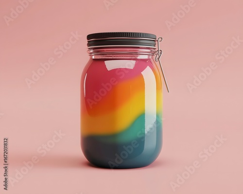 Glass mason jar with swirling rainbow colors and black lid on pink background glass jar container