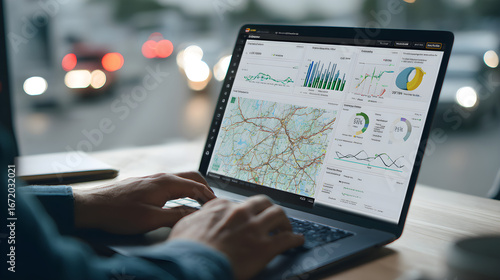 Supply chain and logistics management dashboard on laptop, businessman planning transport routes and delivery resources --ar 16:9