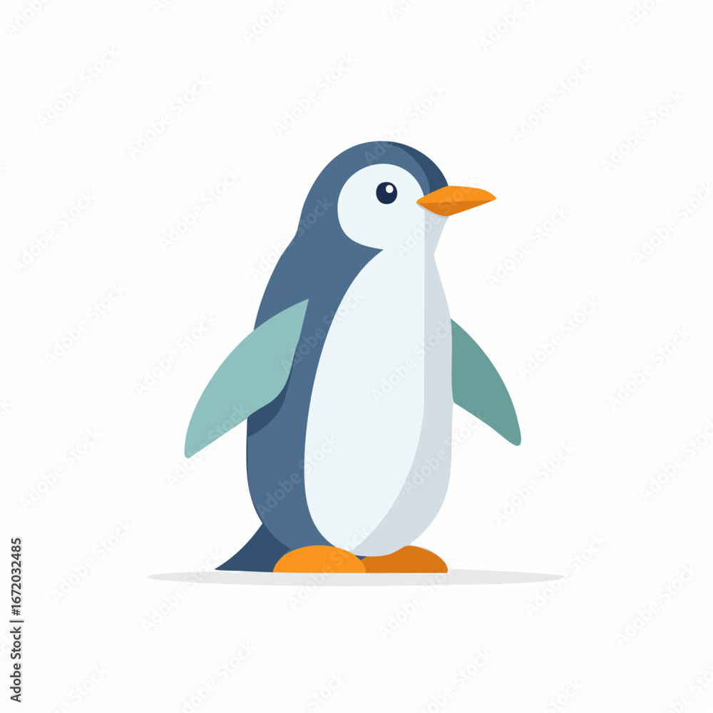 Obraz premium A cute and simple cartoon penguin with a blue back and white belly, standing on a white background.