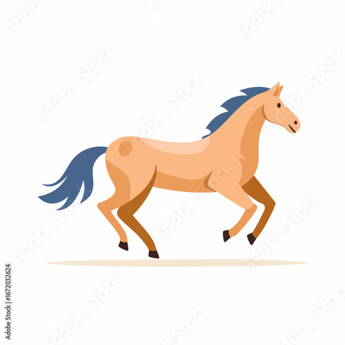 A stylized cartoon horse with a tan coat and blue mane trotting gracefully on a white background.