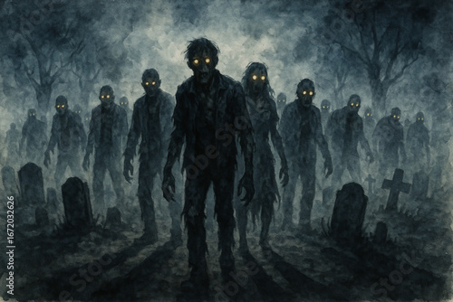 Horde of Zombies Emerging from Foggy Graveyard – Glowing Eyes & Torn Clothes Dark Watercolor Art