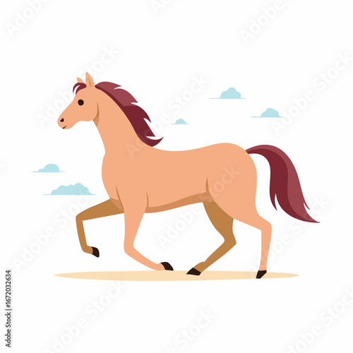 A graceful cartoon horse with a light brown coat and dark mane trotting happily outdoors.