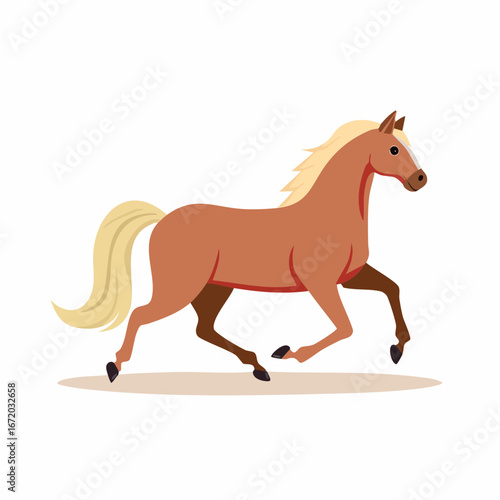 A stylized cartoon illustration of a brown horse with a blonde mane and tail, captured mid-stride as it gallops across a white background.