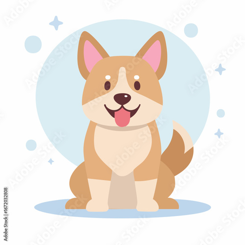 Adorable cartoon corgi dog sitting happily with its tongue out, surrounded by soft blue circles and sparkling stars.