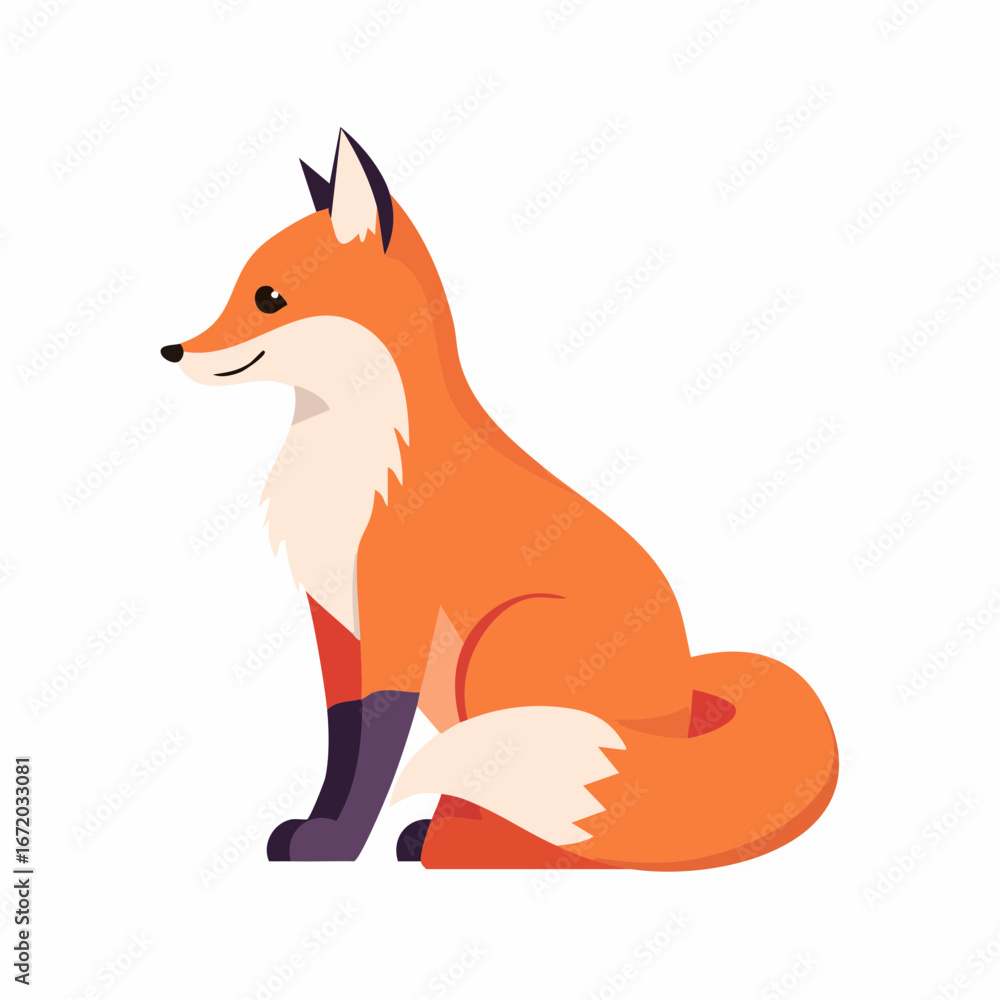 Obraz premium A cute cartoon red fox sitting in profile with a bushy tail, isolated on a white background.