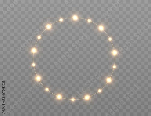 Overlay Circle round LED Gold Garland. PNG. . Vector Illustration on a Transparent Background. Suitable for use in advertising invitations, Web Banners and Cards. Christmas light PNG.	