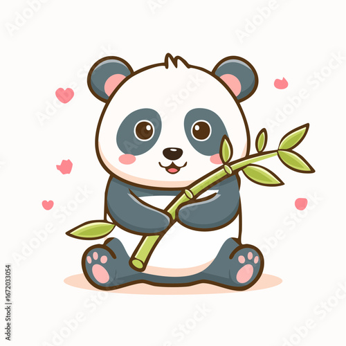 A cute cartoon baby panda sitting and holding a bamboo stalk with floating pink hearts.