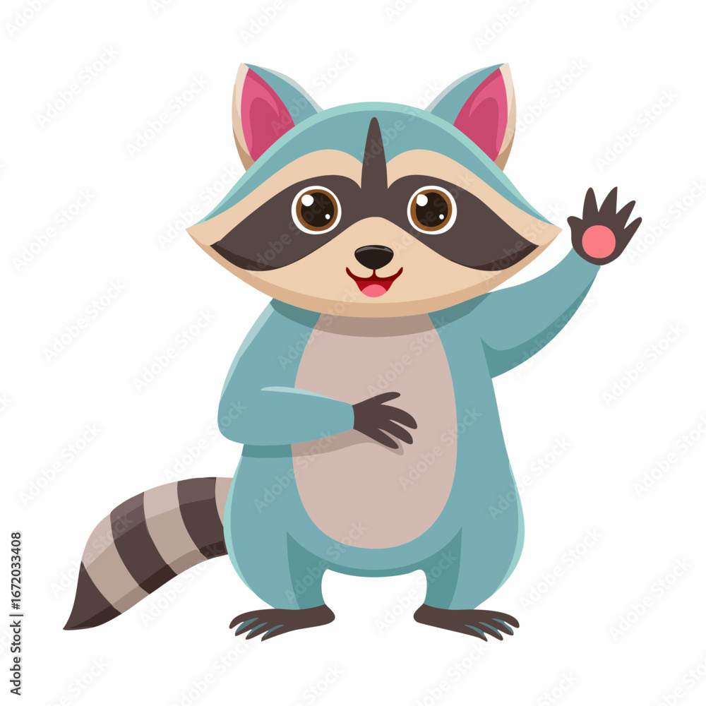 Obraz premium A friendly cartoon raccoon with blue fur and a striped tail waving hello with a smile.