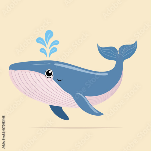 A charming cartoon whale spouting water, depicted with a friendly expression and simple design.
