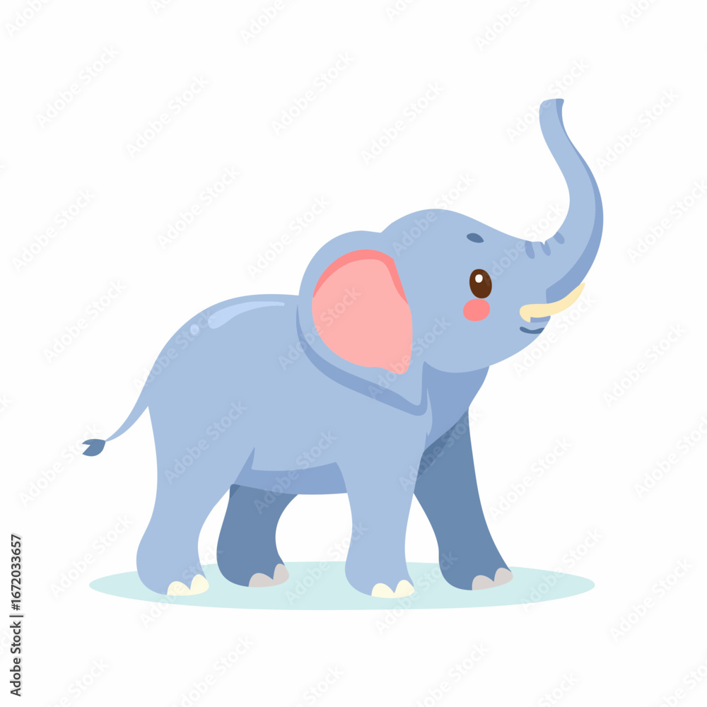 Obraz premium A cute, light blue cartoon baby elephant stands with its trunk raised high, featuring pink ears and a friendly expression.