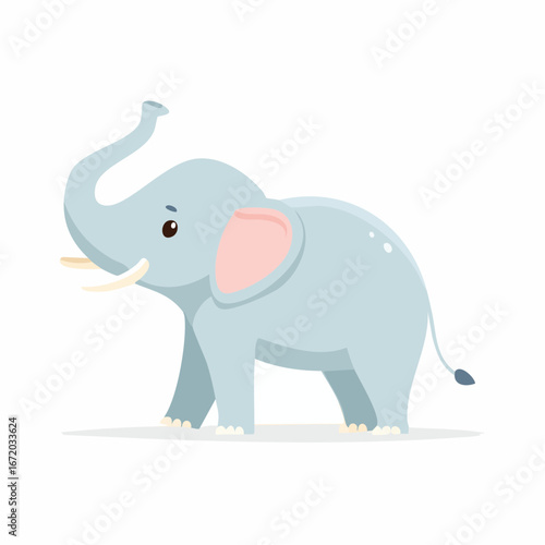 Cartoon illustration of a light blue elephant with pink ears and raised trunk, standing on a white background.