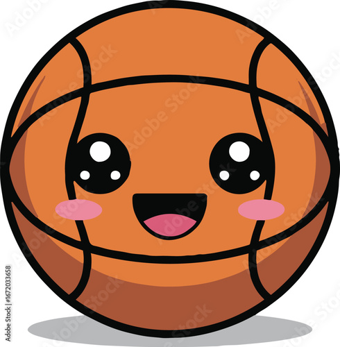A cartoon basketball with a happy face and big eyes isolated on a white background with a soft shadow