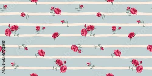 Seamless vector pattern with red roses on pastel blue striped background for fabric, wallpaper, packaging, textile
