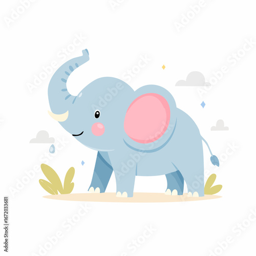 A cute, light blue cartoon elephant stands in a grassy field with fluffy clouds in the background.