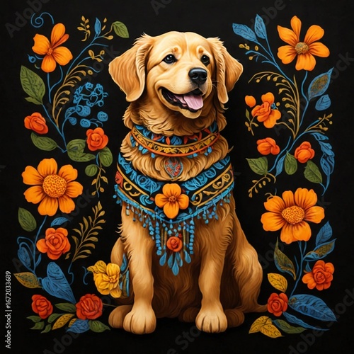 Golden Retriever in Folk Art Floral Design.